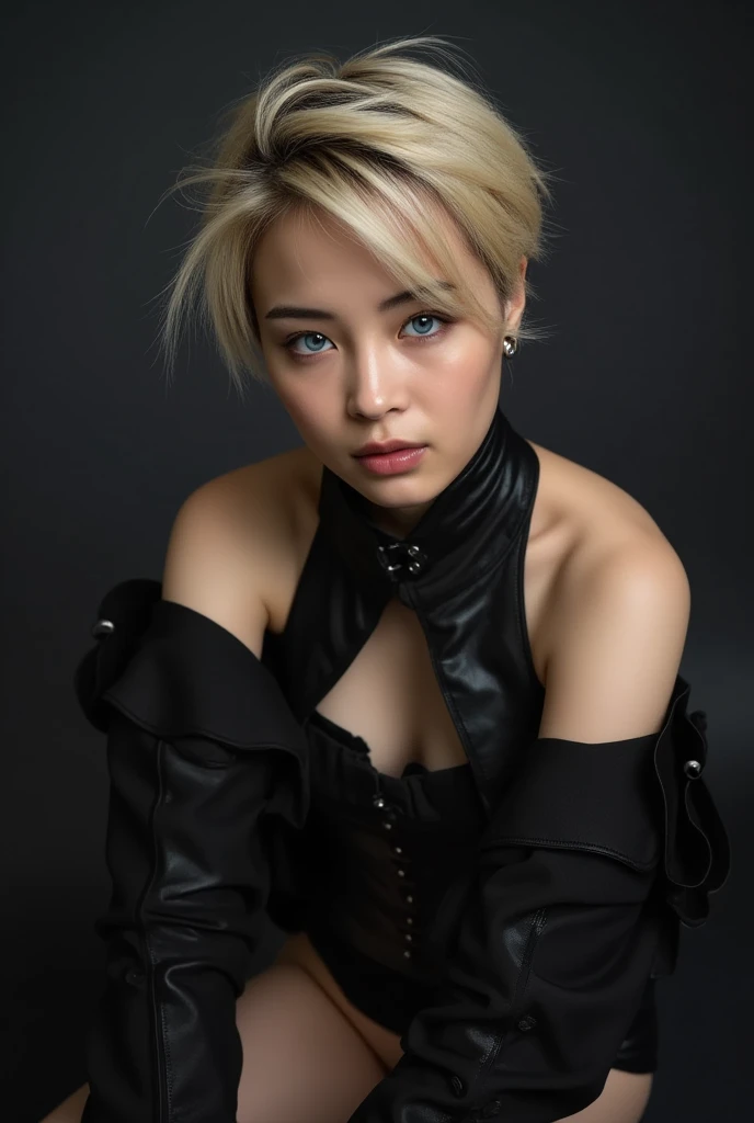 Portrait NFSW d'une femme de 65 ans, seductive look, yeux verts, cheveux gris longs, quelques rides, wearing a sexy black evening dress that reveals a free and imposing chest. Elle suce 3 de ses doigts d'un air coquin et sexy. Son attitude est aguichante. best quality, 8K, Ultra-detailed, Realistic, hyper Realistic photo, portraits, Couleurs vives, soft lighting