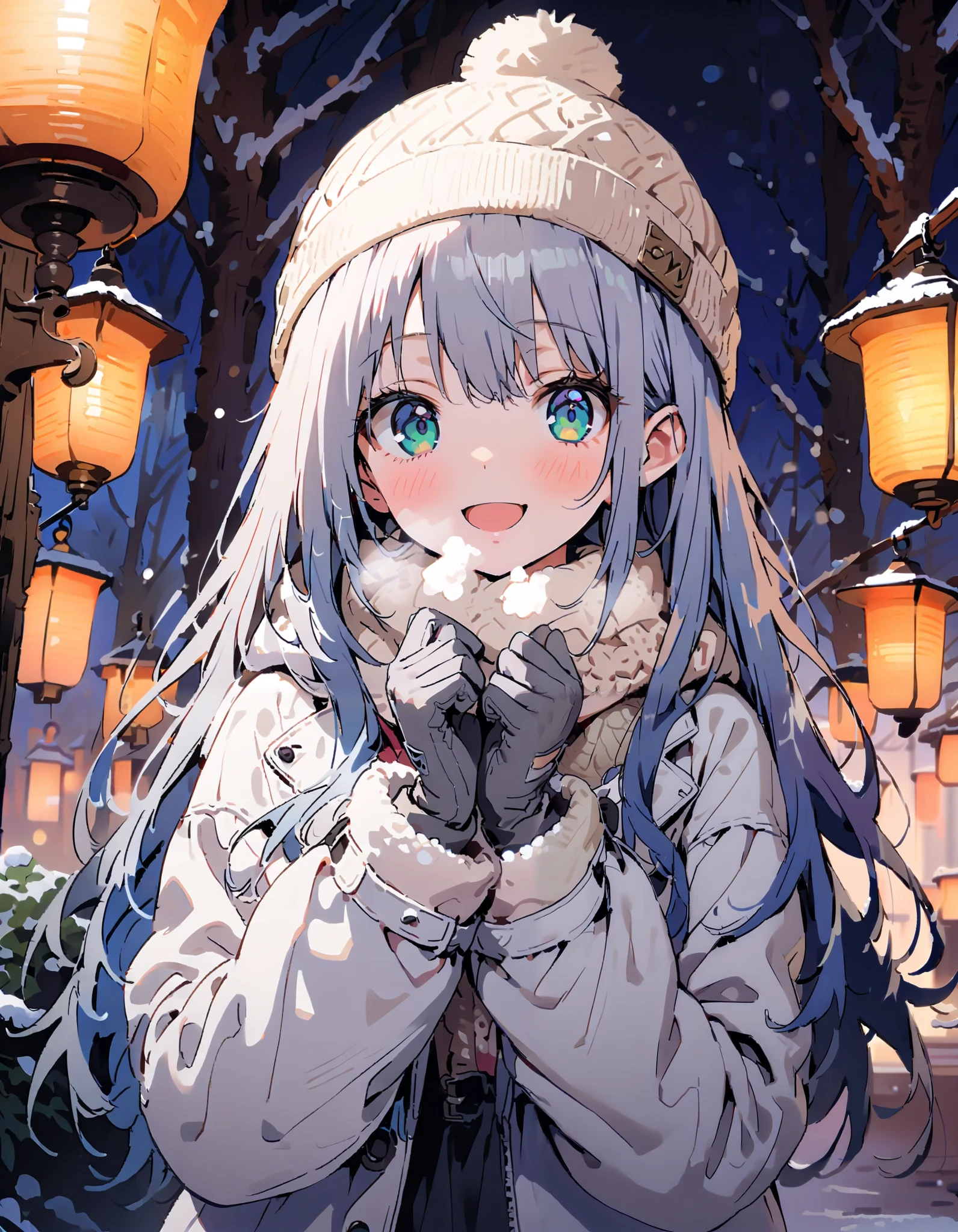 Prohibited bibliography, Green Eyes, Lantern, long hair,smile,blush, open your mouth, White Breath, White Down Coat ,White muffler, knitted hat ,grey gloves ,Black long skirt, boots,morning, standing,snow,whole bodyがイラストに入るように, break outdoors,forest,
break looking at viewer,whole body,
break ( Masterpiece:1.2), top quality , kampala,unity 8k wallpaper,(shape:0.8),( fine, beautiful eyes :1.6),It's a person ,whole body写真,CG Details , ( perfect hands, Complete Anatomy),
