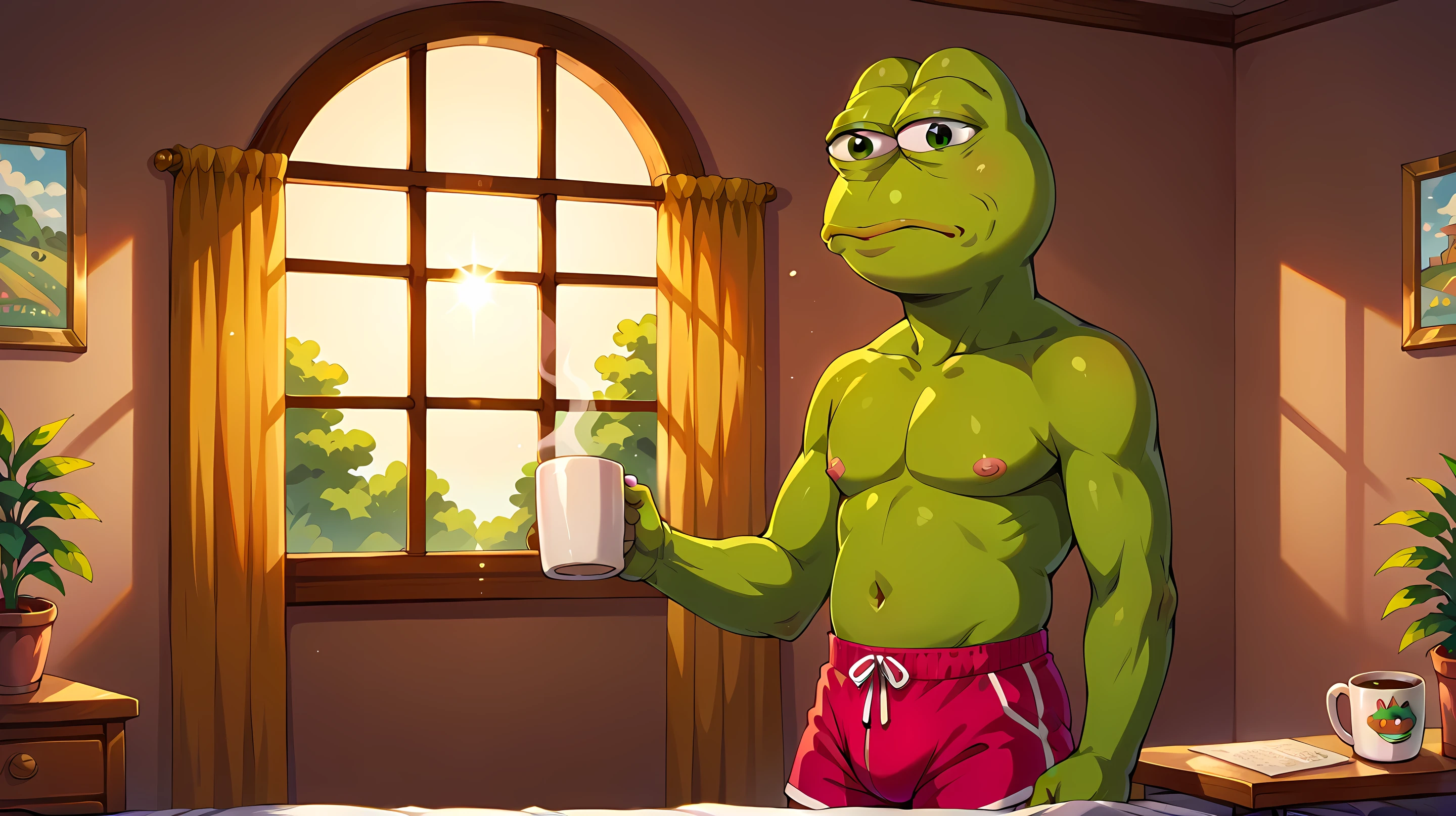 Pepe Frog, green skin, maximum detail, Detailed_background, (anthropomorphic frog, classic pepe head, heavy-lidded exhausted eyes, mouth slightly agape), 1boy, authentic morning pepe, disheveled state, dirty dressing gown flowing open, boxer shorts, holding mug of coffee, minimalist dirty small bedroom, scattered clothes shallow depth of field focusing on tired expression, subtle lens flare through window, morning slice-of-life composition, ultra detailed, soft morning lighting, masterpiece