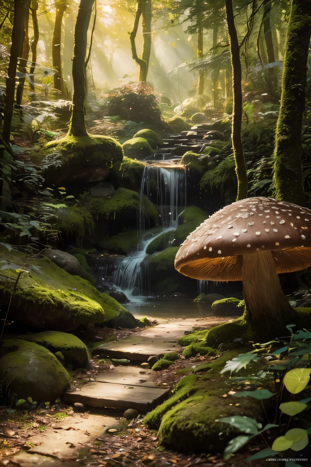A whimsical forest, magical mushrooms, fantasy woodland creatures, vibrant colors, imaginative landscape, detailed foliage, golden sunlight, ethereal atmosphere, dreamlike, fairy tale, (best quality,4k,8k,highres,masterpiece:1.2),ultra-detailed,(realistic,photorealistic,photo-realistic:1.37),highly detailed,lush vegetation,enchanting scenery,fantastical elements,serene and peaceful,warm color palette