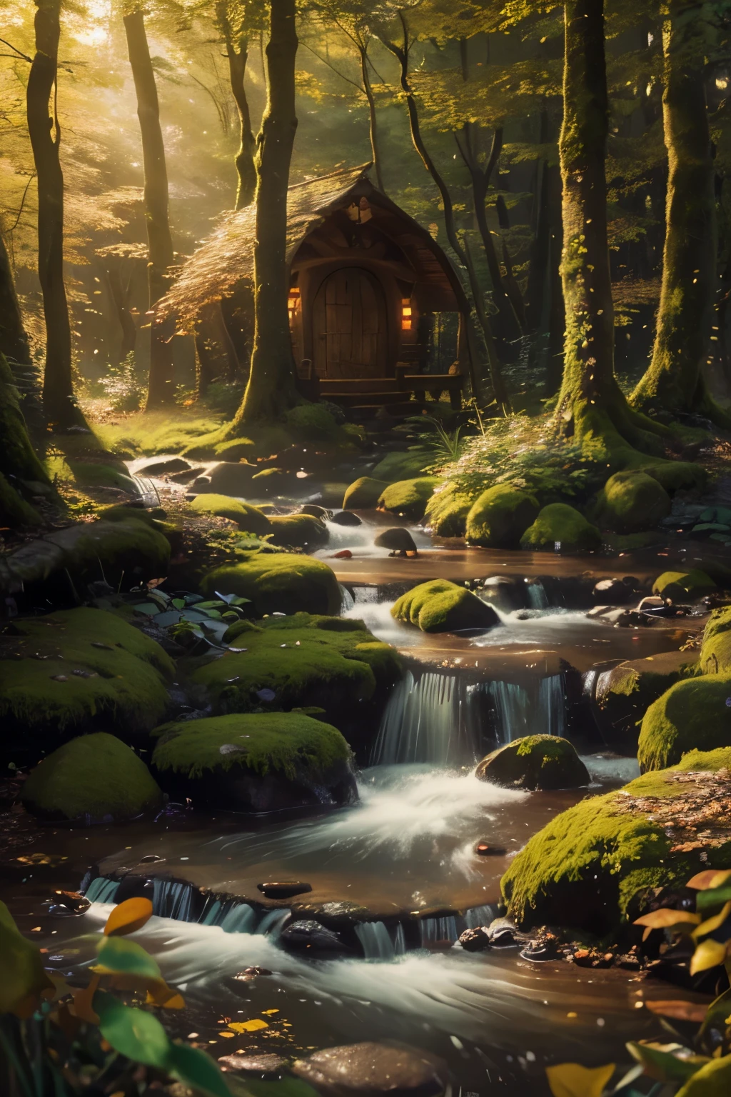 A whimsical forest, magical mushrooms, fantasy woodland creatures, vibrant colors, imaginative landscape, detailed foliage, golden sunlight, ethereal atmosphere, dreamlike, fairy tale, (best quality,4k,8k,highres,masterpiece:1.2),ultra-detailed,(realistic,photorealistic,photo-realistic:1.37),highly detailed,lush vegetation,enchanting scenery,fantastical elements,serene and peaceful,warm color palette