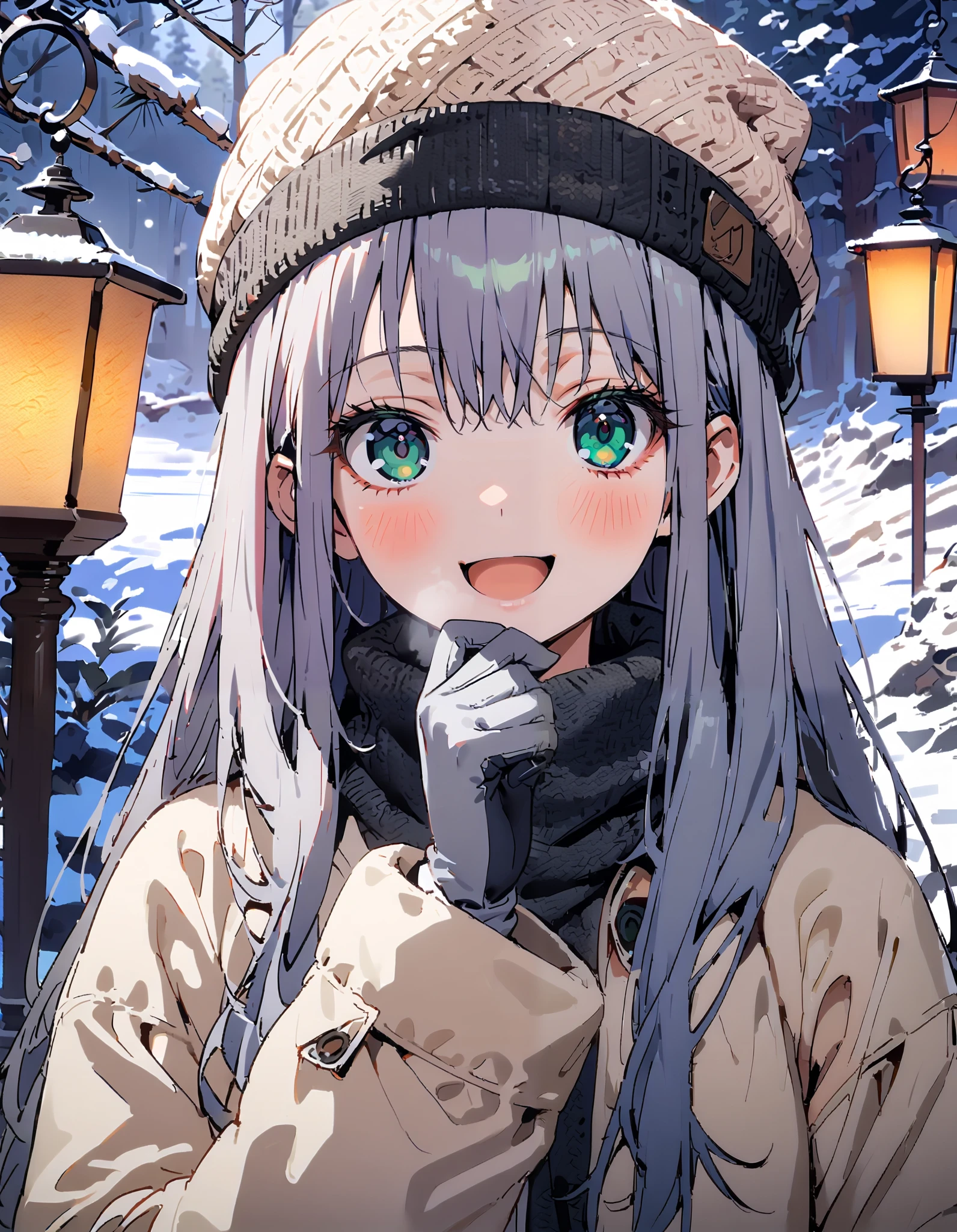 Prohibited bibliography, Green Eyes, Lantern, long hair,smile,blush, open your mouth, White Breath, White Down Coat ,White muffler, knitted hat ,grey gloves ,Black long skirt, boots,morning, standing,snow,whole bodyがイラストに入るように, break outdoors,forest,
break looking at viewer,whole body,
break ( Masterpiece:1.2), top quality , kampala,unity 8k wallpaper,(shape:0.8),( fine, beautiful eyes :1.6),It's a person ,whole body写真,CG Details , ( perfect hands, Complete Anatomy),