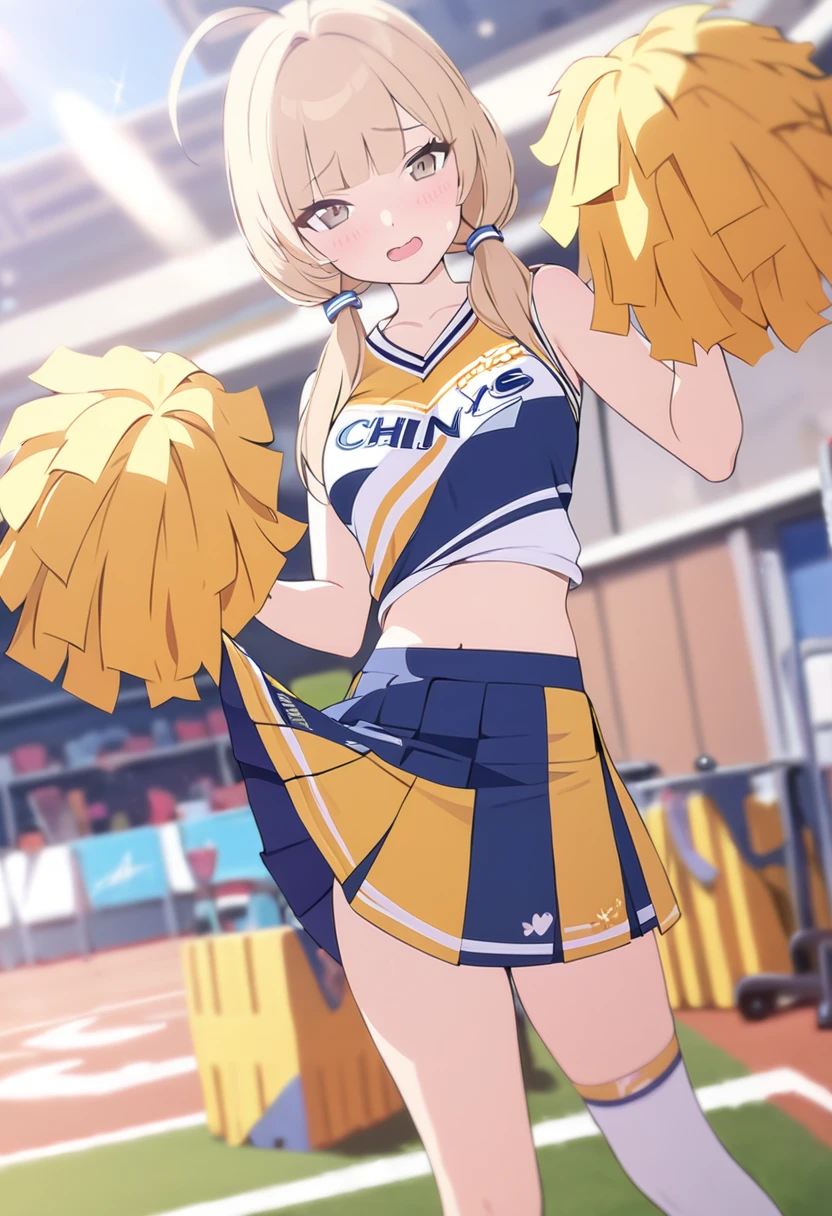 A busty cheerleader, naked from the waist up, exposing her breasts, wearing a miniskirt and tiny panties, holding her breasts with both hands.