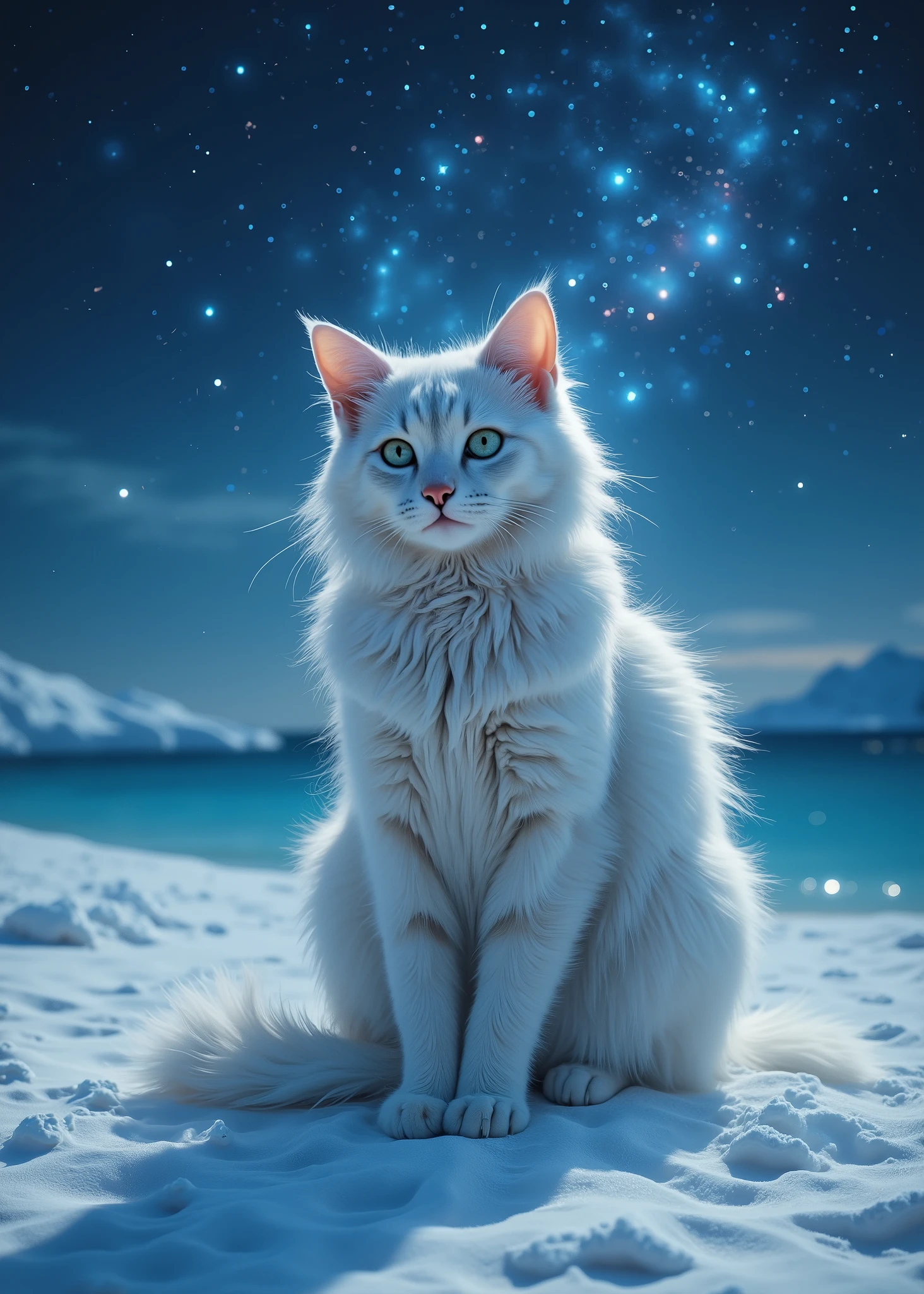 Realistic beautiful cat 、 beautiful coat 、（ full body photo）、 A Midsummer Night's Dream、 sitting on the white sands of calm waters as the moon sets、The background is the galaxy、 fairy tale
