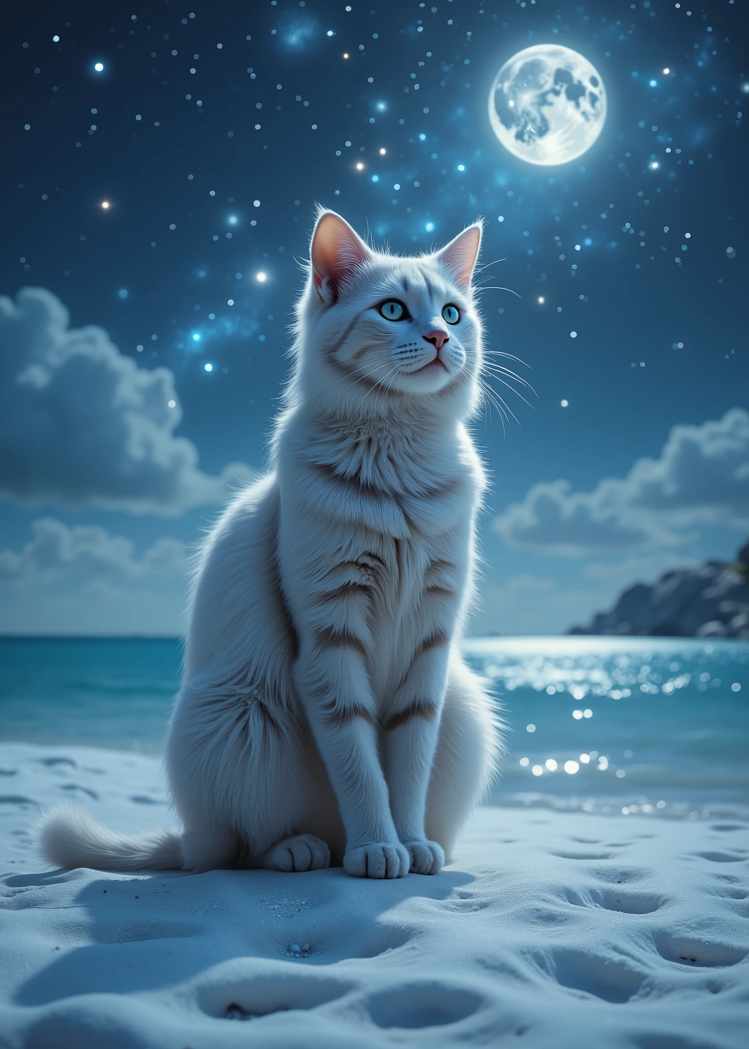 Realistic beautiful cat 、 beautiful coat 、（ full body photo）、 A Midsummer Night's Dream、 sitting on the white sands of calm waters as the moon sets、The background is the galaxy、 fairy tale