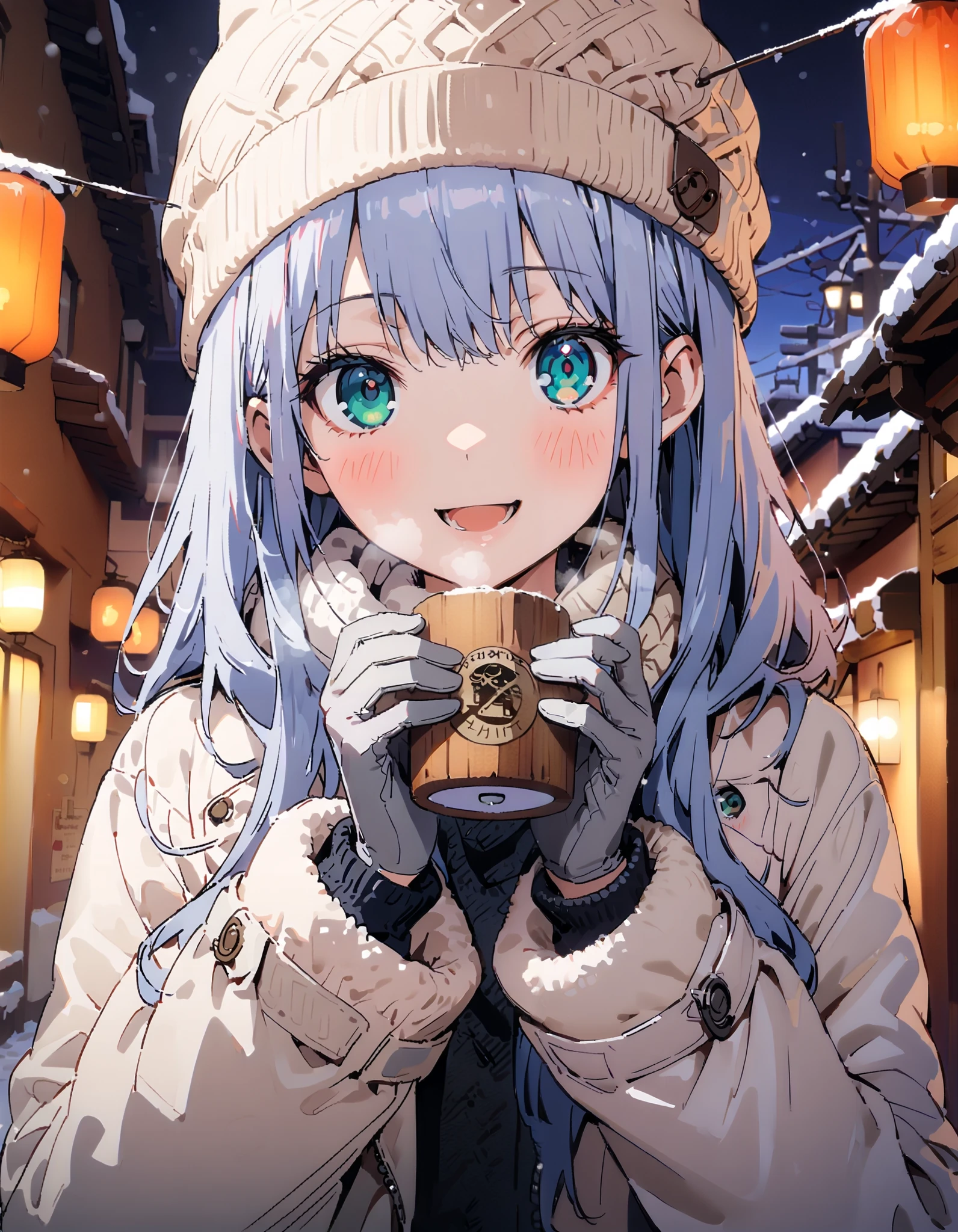 Prohibited bibliography, Green Eyes, Lantern, long hair,smile,blush, open your mouth, White Breath, White Down Coat ,White muffler, knitted hat ,grey gloves ,Black long skirt, boots,morning, standing,snow,whole bodyがイラストに入るように, break outdoors,Around town,
break looking at viewer,whole body,
break ( Masterpiece:1.2), top quality , kampala,unity 8k wallpaper,(shape:0.8),( fine, beautiful eyes :1.6),It's a person ,whole body写真,CG Details , ( perfect hands, Complete Anatomy),