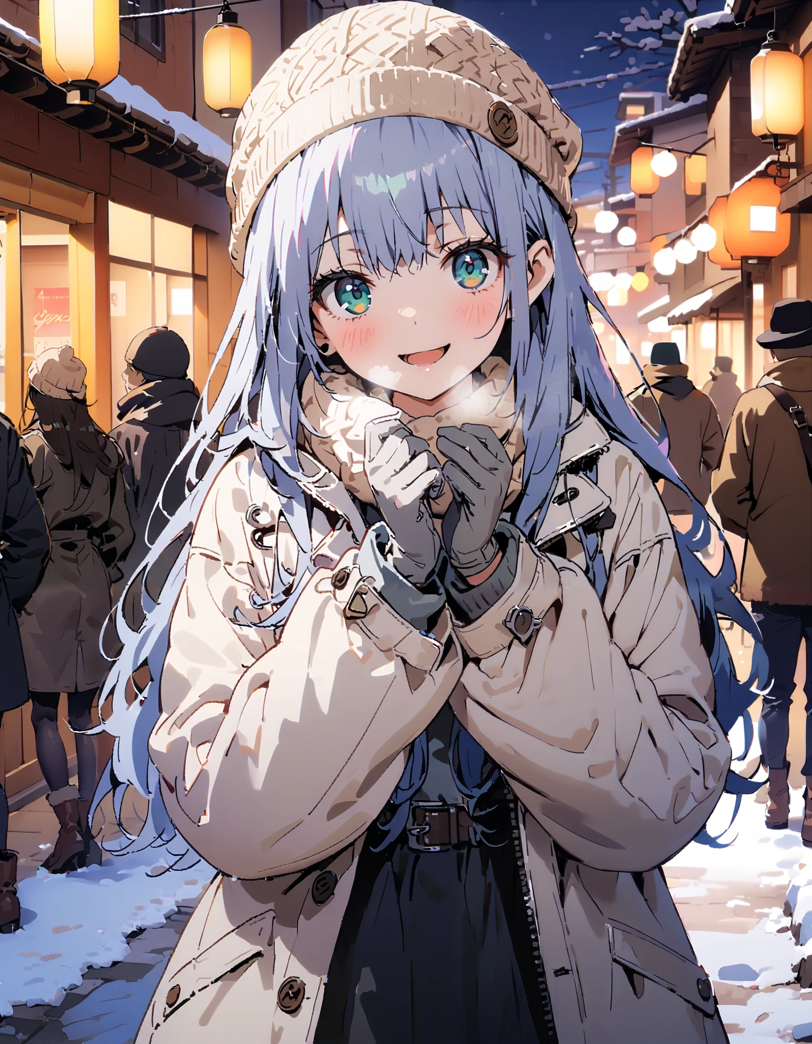 Prohibited bibliography,  Green Eyes,  Lantern,  long hair,smile,blush, open your mouth, White Breath, White Down Coat ,White muffler, knitted hat ,grey gloves ,Black long skirt, boots,morning, standing,snow,whole bodyがイラストに入るように,                                                                              break outdoors,Around town,
break looking at viewer,whole body,
break ( Masterpiece:1.2), top quality , kampala,unity 8k wallpaper,(shape:0.8),(  fine, beautiful eyes  :1.6),It's a person ,whole body写真,CG Details , ( perfect hands, Complete Anatomy),