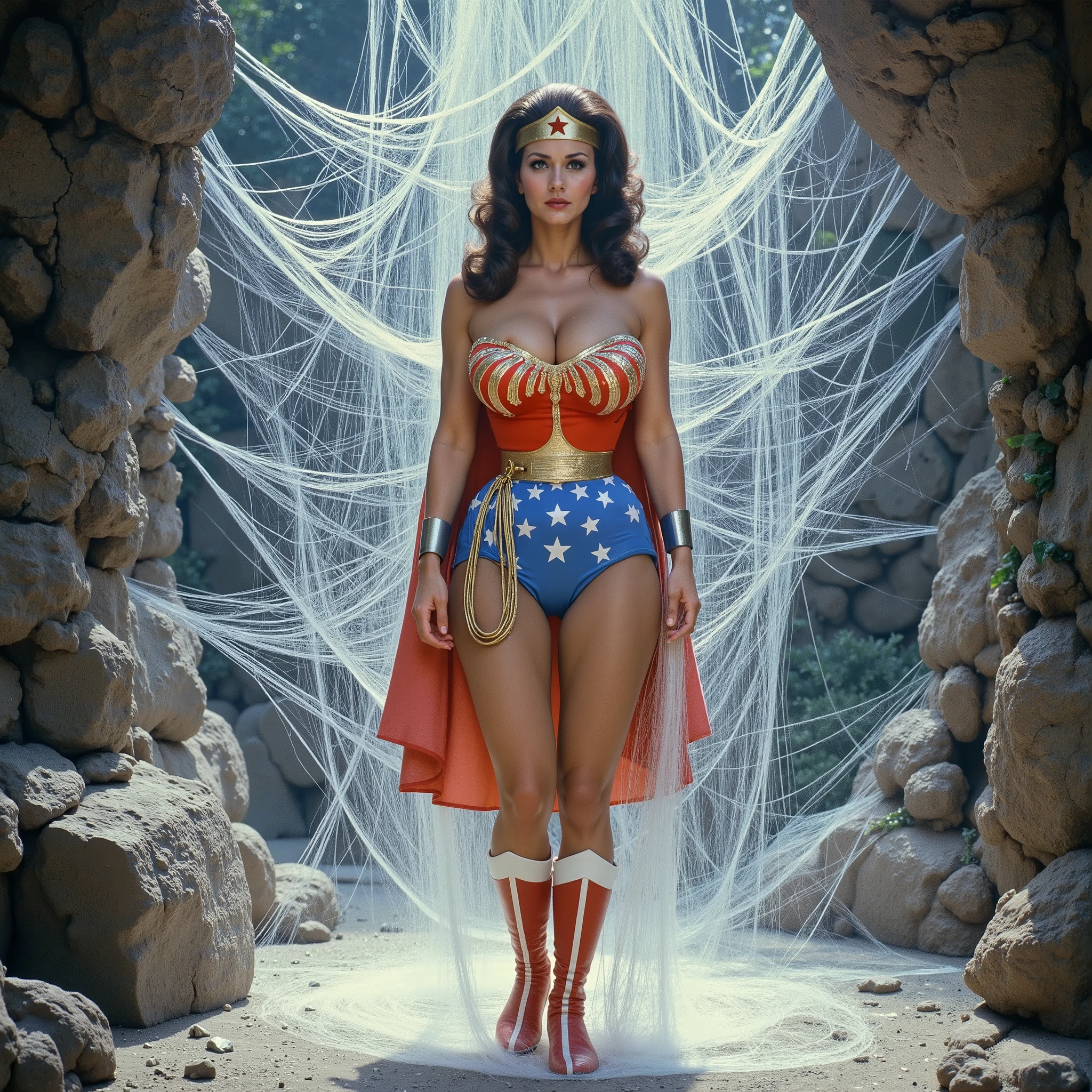 (TRAPPED AND TANGLED UP INSIDE A GIANT WHITE SILK SPIDER WEB) A SEXY LYNDA CARTER AS THE ICONIC 1960 WONDER WOMAN, WEARING A SPANDEX WONDER WOMAN COSTUME, SPANDEX PATRIOTIC BLUE SKIRT. A TRI-COLOR PATRIOTIC CAPE, RED WONDER WOMAN BOOTS. HER GOLDEN LASSO ATTACHED TO THE SIDE OF HER HIP. CRYSTAL CLEAR ART, CELAN CRISP ART, 4K, 8K, MILLIONS OF TEXTURES AND DETAILS. COMIC BOOK STYLE