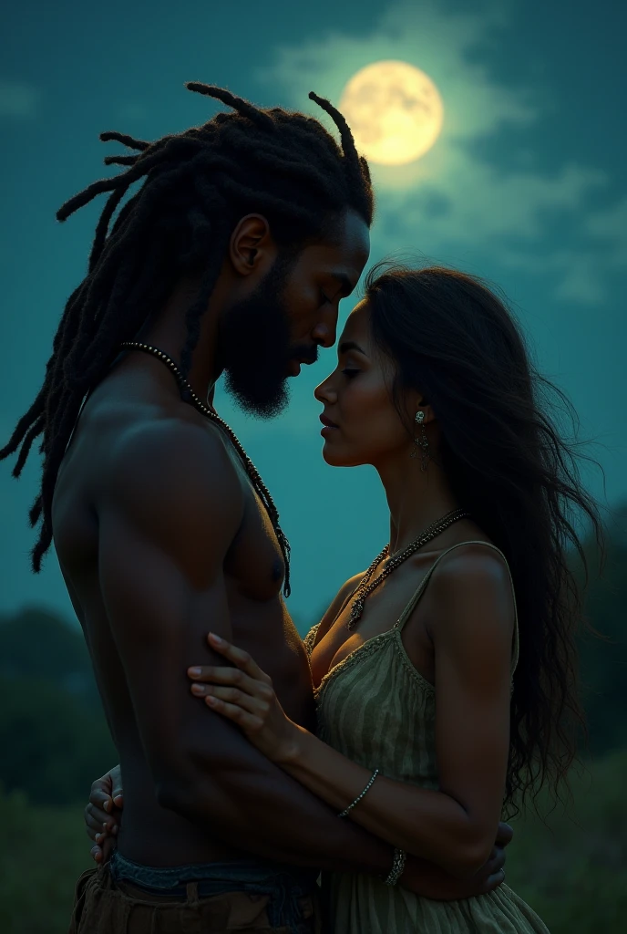 Rocker man with very long hair and a goatee, Hug and look into the eyes of a beautiful woman with dark afro skin, with curly wavy hair and red earrings, in a place where there is a lake and trees with the sun setting.