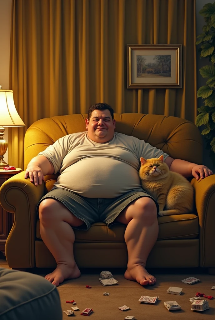man with big belly in a room full of cat