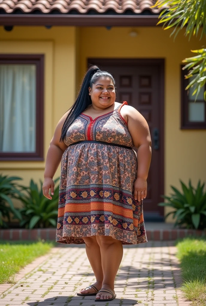 Extremely Hyperpregnant Belizean woman with huge belly wearing a dress