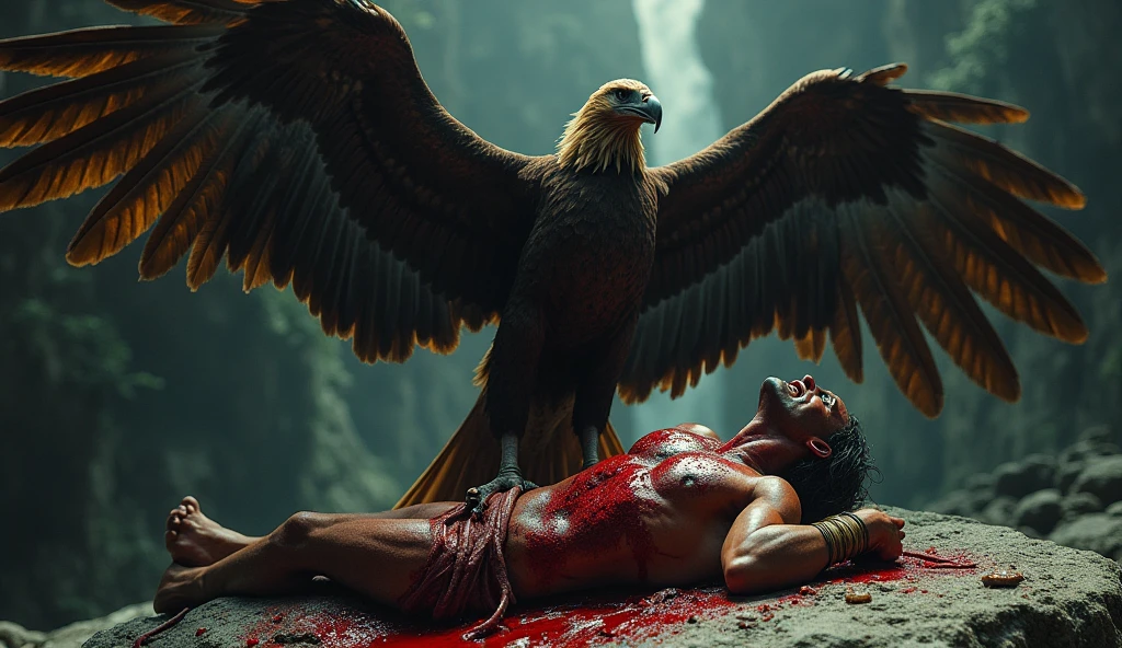 Show detailed images of the eagle attacking and the liver regenerating, highlighting the feeling of incessant suffering and cruelty.