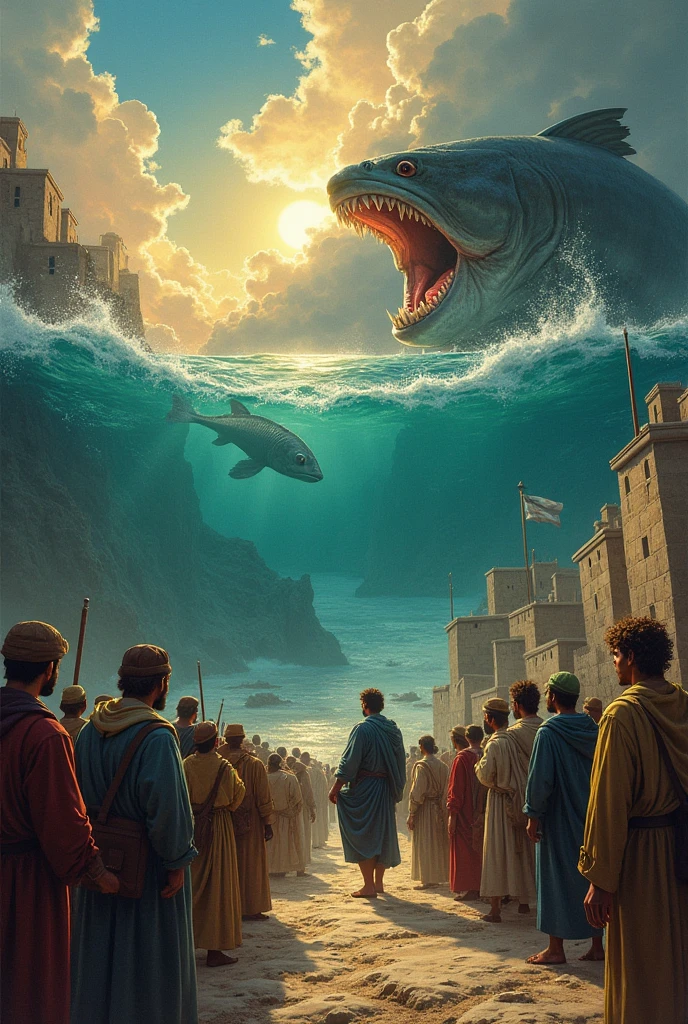 Jesus and the monster and giving fish to the fishermen