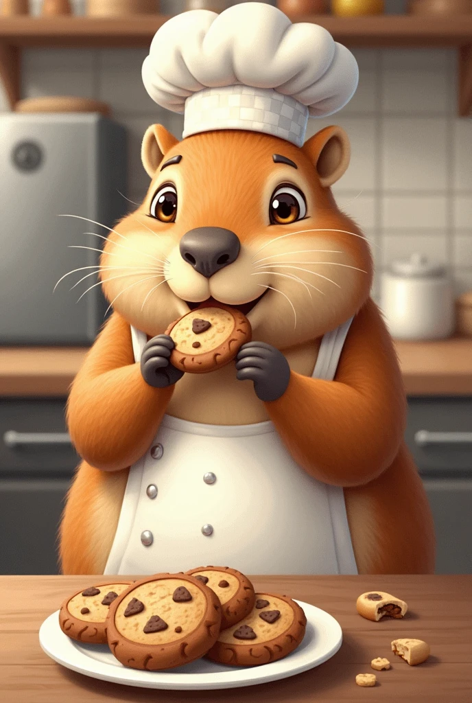 Drawing of capybara wearing a pastry chef's hat eating cookies, It can also be offering cookies