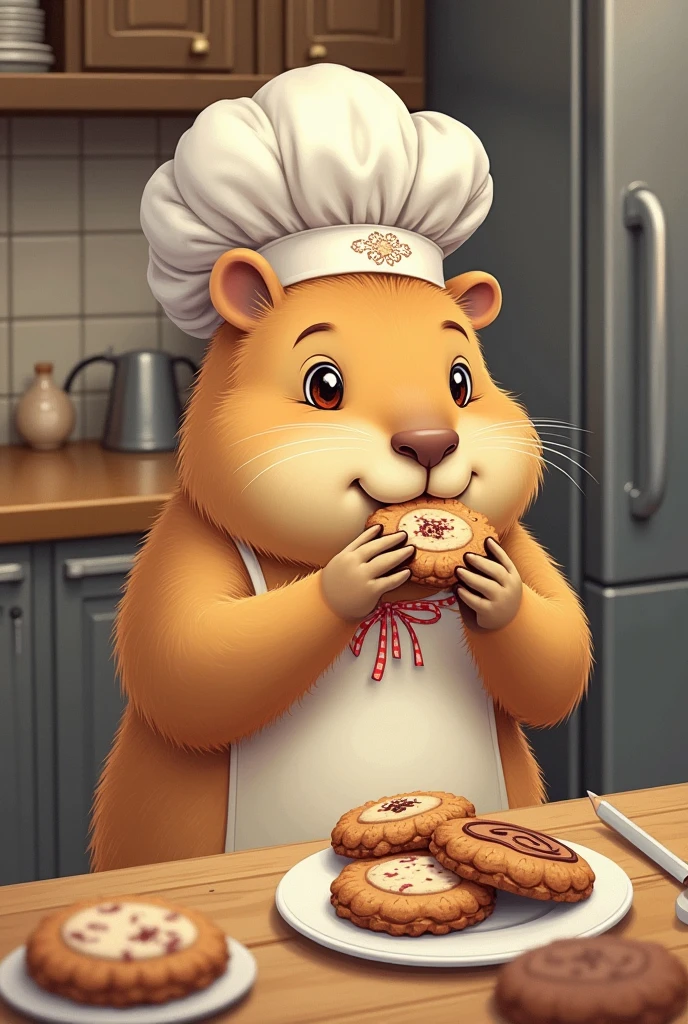 Drawing of capybara wearing a pastry chef's hat eating cookies, It can also be offering cookies