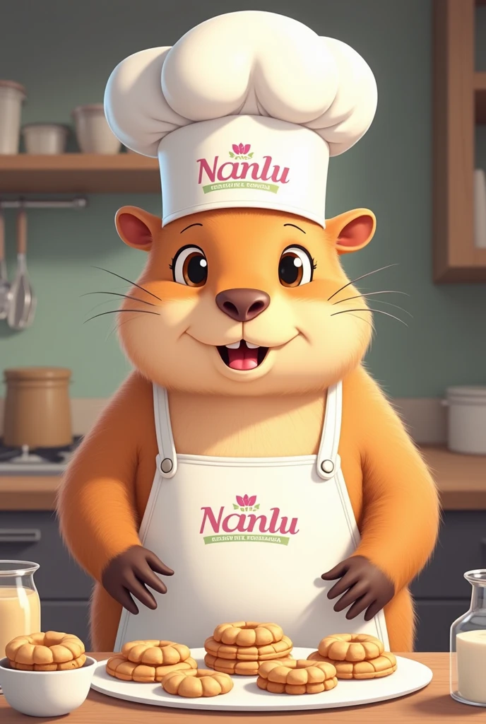 Drawing of capybara wearing a pastry chef's hat eating cookies, It can also be offering cookies