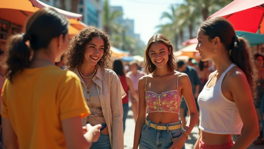 realistic photo of a curly happy girl on the background of Tel Aviv, where you can see skyscrapers and baohaus style houses