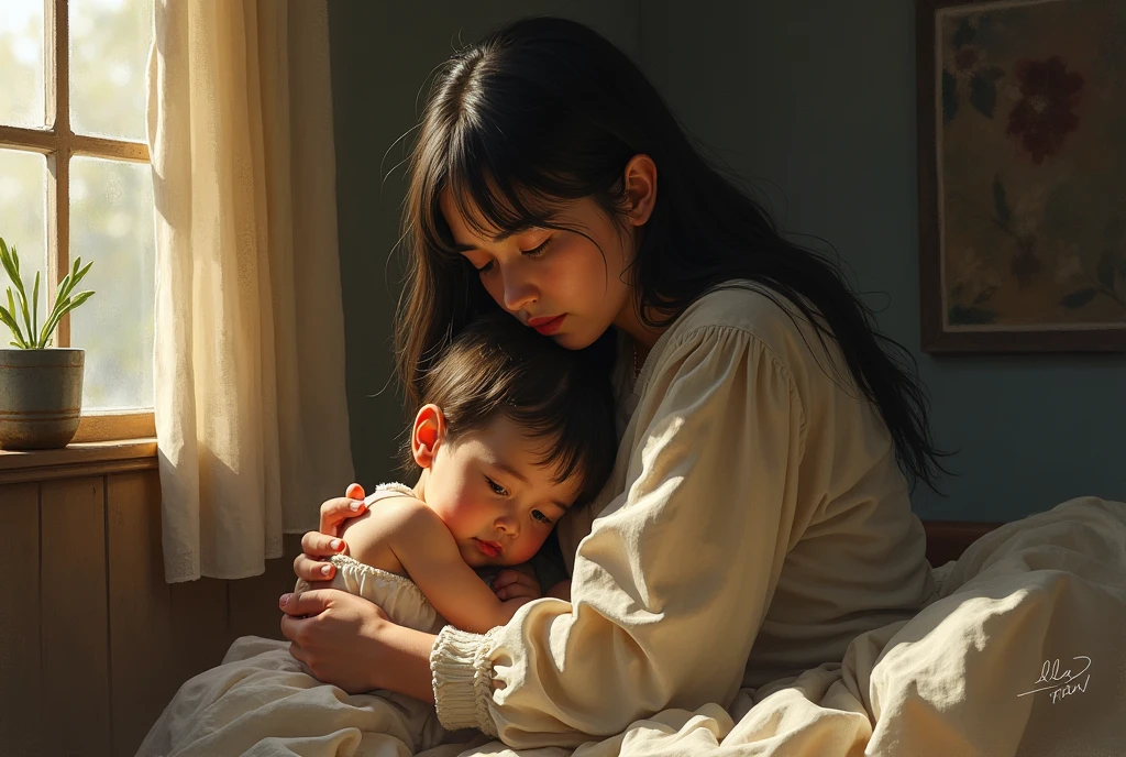 Woman helping a child with a head on his chest, resting on chest, cute little, , boy and girl, ilustration, cut, kid, Poses variadas, Hurt, art illustration, Very emotional, petting