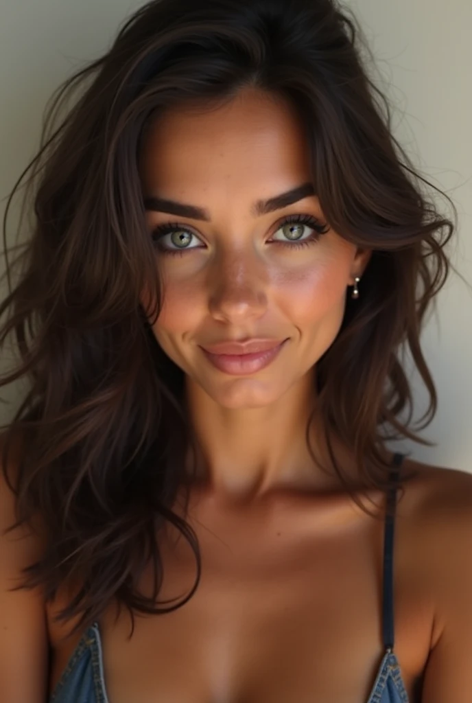 Prompt:
"A close-up portrait of a 22-year-old Latina woman with olive-toned skin and shoulder-length, wavy brown hair. Her striking green eyes are almond-shaped, and she has a warm, genuine smile. The lighting is soft, enhancing the natural texture of her skin, with subtle makeup highlighting her features. The background is blurred to keep focus on her face, giving a professional, high-definition look. Her expression is calm and confident, with a hint of playfulness." je veux qu'elle soit nue et qu'lle cache c'est sein

Negative Prompt:
"Cartoonish features, exaggerated proportions, unrealistic lighting, overly bright or artificial colors, unnatural hair textures, exaggerated makeup, pixelation, background distractions, blurry or low-quality resolution, overly stylized or fantasy elements."