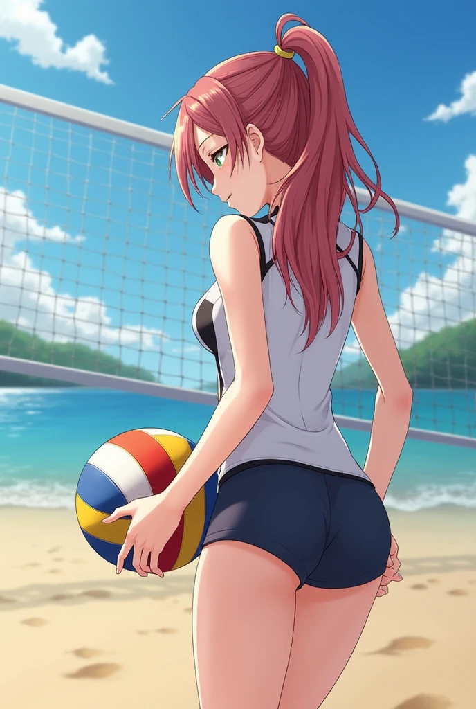 Innai Kansen - Miyama Kaori Internal infection - Miyama Kaori, masterpiece, best quality, a sexy mature nude woman with bare is wearing beach volleyball player tops and holding a volleyball ball posing at the beach volleyball field, volleyball, 1girl, bottomless, is, tops only, red and black sports bra, beach volley uniform, butt crack, looking back, 独奏, smile, sunburn skins, miyama kaori