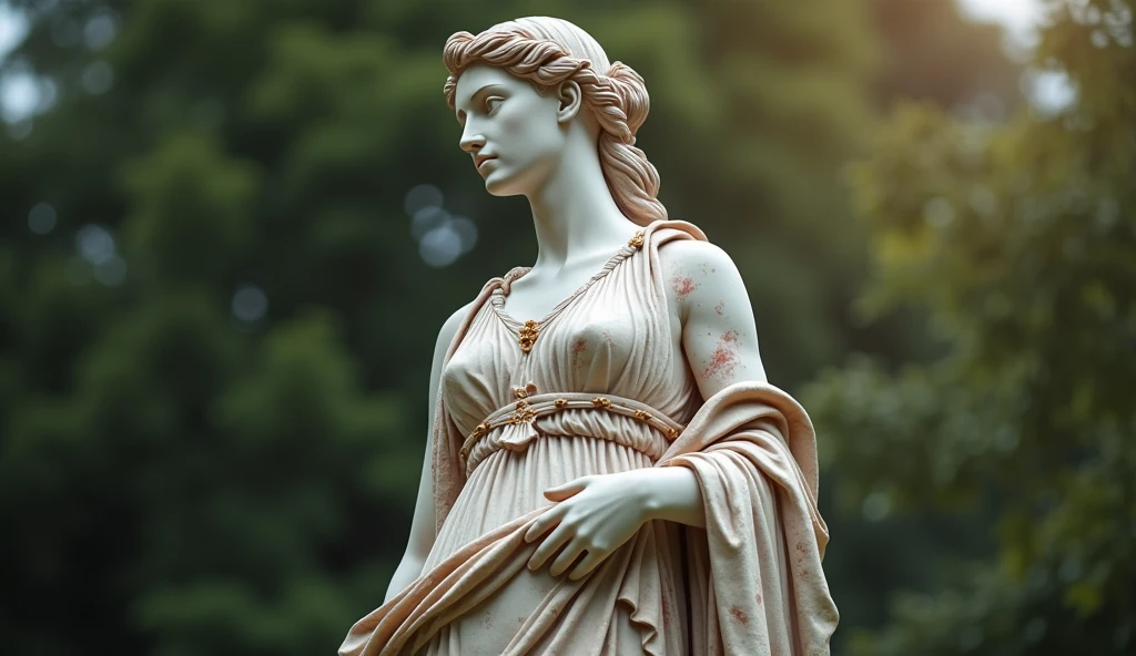 (Highest quality, High resolution, masterpiece:1.2,),Sunset、Greece、Stone hill、Magic Hour、 marble、Sculpture、Collapsed Statue of the Goddess、Cool way of standing、Light dress、Long Hair、(Aging、weathered、Cracking、Site defect)、Goddess Statue Close-up、