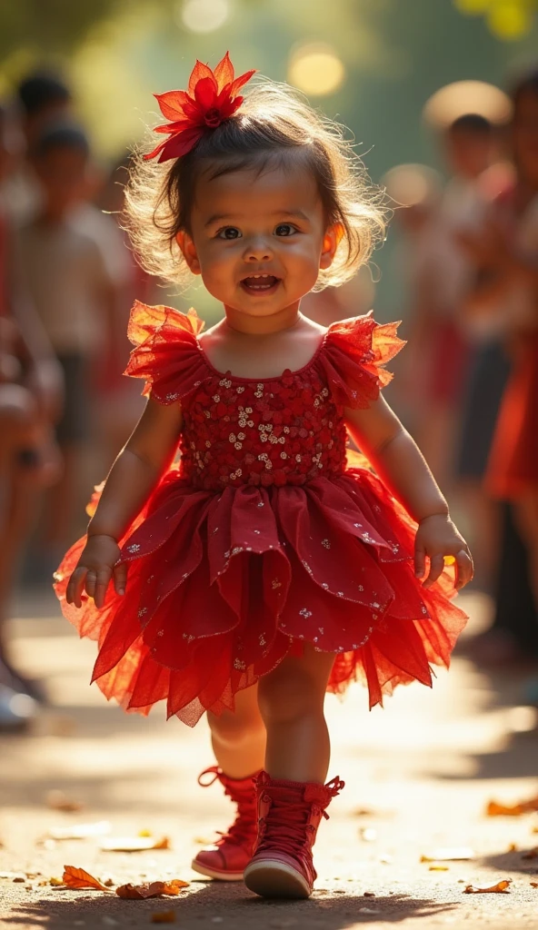 Create a scene in which a smiling and adorable baby girl is wearing a dress made with party sweets of poop brigadeiros inside the plates of brigadeiros, the brigadeiros with grated poop in relief, and on the baby's head an ornament of poop brigadeiros decorated with grated poop, inside the plates for brigadeiros, in relief and parading on the catwalk, ultra realistic 4k moving camera