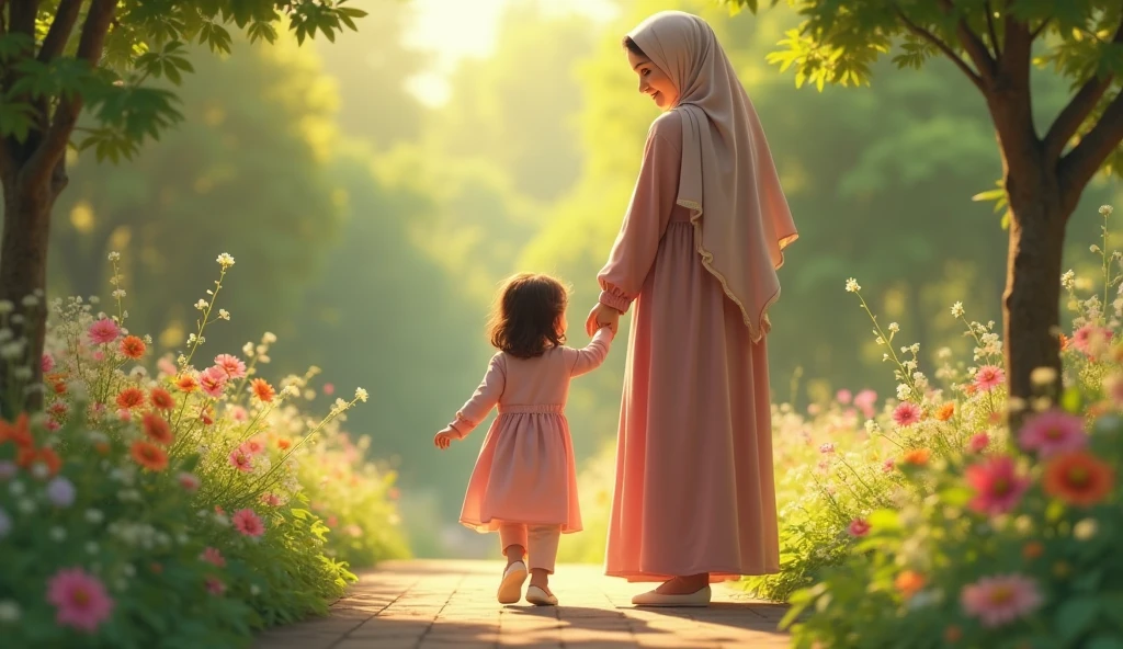 Hijabic beautiful Girl at garden in White dress
With son