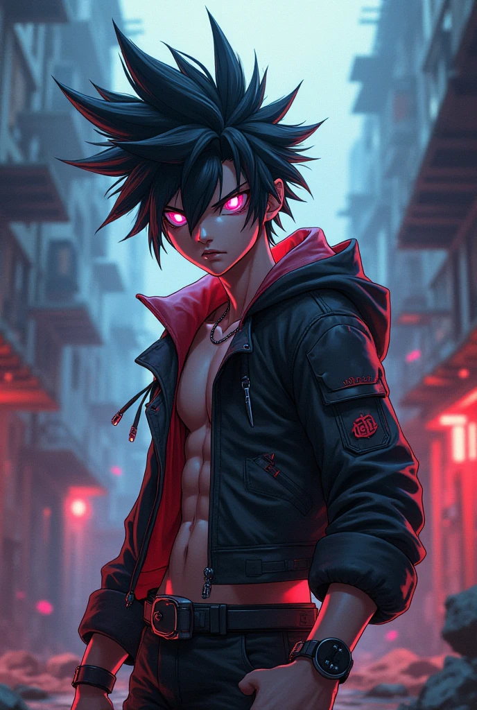 A photographic style of son Goku in  graffitipunk setting, standing frontally in the center. He  has spiky black hair and a high-tech mask with orange neon lights. His  attire includes a black cropped top with neon blue highlights, a black jacket with straps, fishnet details on the waist, and black pants with protective gear. A katana is slung across her back. The urban background is illuminated with blue-tinted light, featuring vertical structures and hanging wires, with small glowing lights floating around. Created Using: cyberpunk aesthetics, high-resolution camera, intricate detailing, neon lighting, urban textures, high contrast, dystopian vibe, soft shadows, hd quality, vivid style