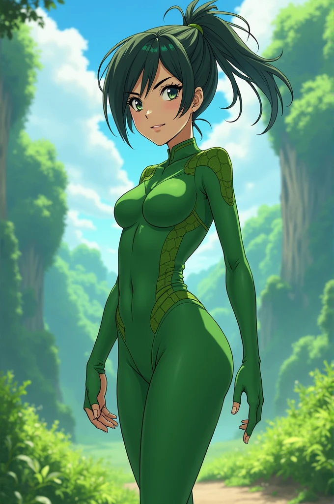 best quality,masterpiece,1girl,solo,(((13years old))),japanese girl,an extremely cute and beautiful girl,highly detailed beautiful face and eyes,petit,cute face,lovely face,baby face,shy smile,show teeth, green skin,green hair,medium short hair,flat chest,skinny,slender,no bra,no Panties, Hairless vagina,(((wearing Jade costume))),(((standing in reelunsettling dark indoors room))),she is looking at the viewer,