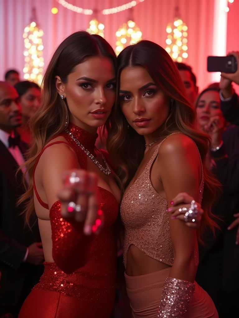 Isabela Merced and friend on the red carpet, (kissing:1.2), glamour dress, side boob, high heeled ankle boots, (skin texture:1.1), (high detail face:1.1), high detail body, high detail clotheasterpiece), (realistic), ultra high definition, 4k, ultra high resolution