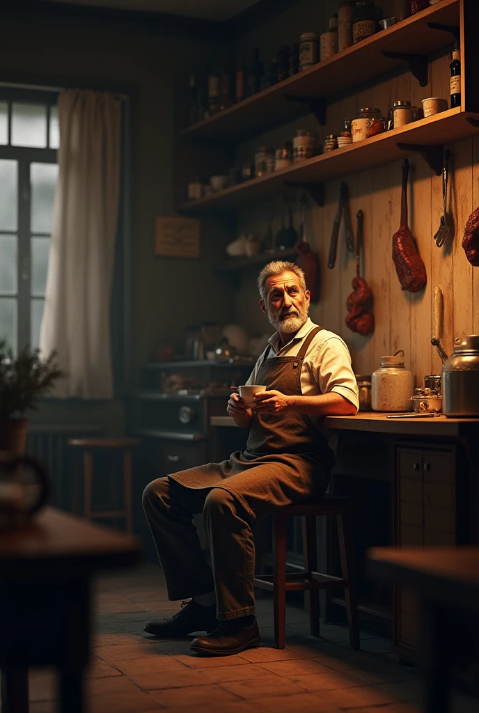 Apartment with butcher shop and man is sitting alone drinking tea