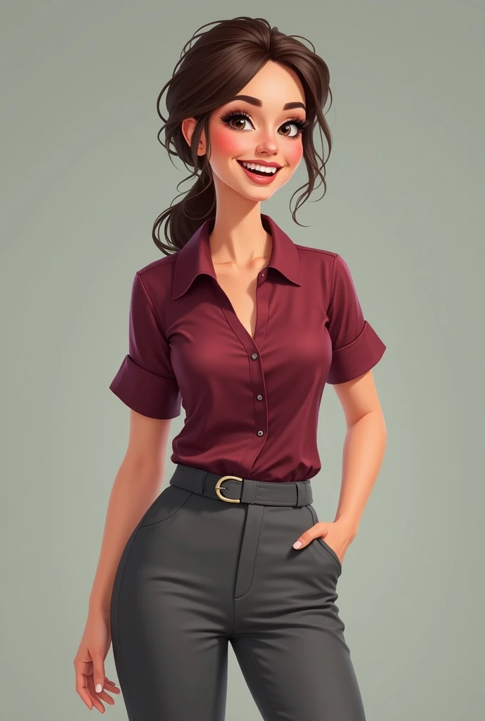 Create a 3D illustration that represents a woman who works in a office, with the following elements: The character is a woman with long, dark hair, styled in a ponytail. She is dressed in a white wet shirt and no pants, conveying an image of hotness and professionalism. In her right hand, she holds her pants, showing nakedness and connectivity with her work. In her left hand, she holds her bra, symbolizing the process. The character must be moaning in a sexy and trustworthy way, with an expressive look that conveys security and efficiency. The illustration design must follow the visual patterns characteristic of PIXAR cartoons, with smooth lines, realistic textures and lighting that enhances the details of the scene.

