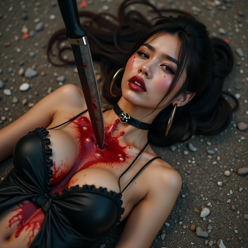 A naked woman fucking with cactus, tied-up chains in a puddle of bloody water, hands and feet bound in chains, , in the middle of a cactus, her body entangled with a bandage in a cactus, entangled, beautiful woman, sensual body, big breasts, open legs showing pussy, big cactus fucking her pussy, tree cactus piercing her pussy, wet pussy, sensual body, big, short wavy hair, beautiful Asian woman, idol actress, tied with a bandage, being in the desert, desert background, very realistic, very realistic