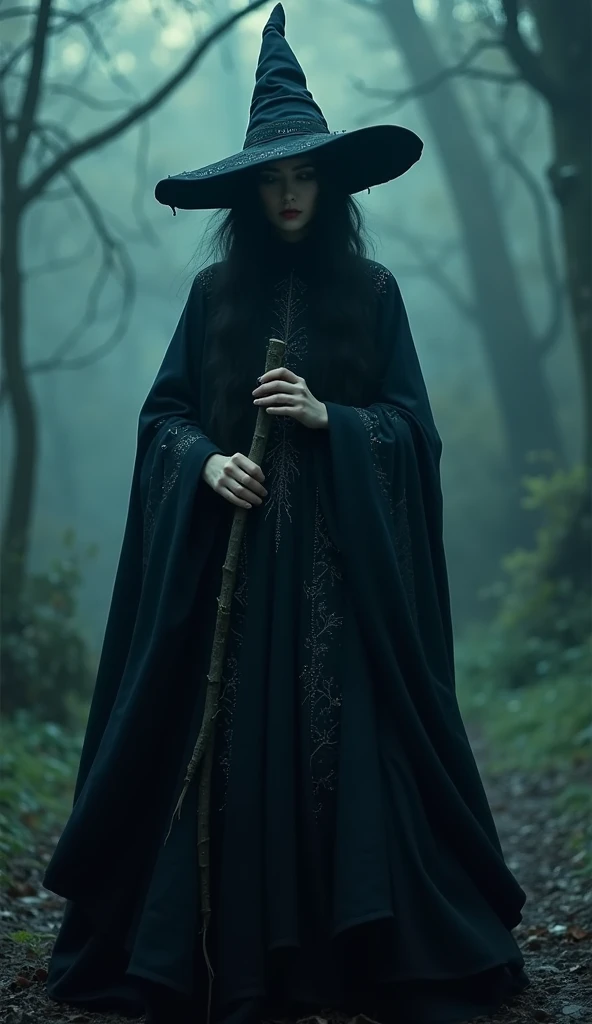 Mak Lampir stands in a dimly lit forest, her gnarled, ancient face shadowed by a tattered black cloak. Her eyes, fierce and glowing with malevolent power, pierce through the darkness. Her long, disheveled hair frames a visage that exudes both menace and sorrow, reflecting a life steeped in dark magic and lost vengeance. The eerie, almost palpable silence around her underscores the weight of her age-old curse and unrelenting quest for retribution.