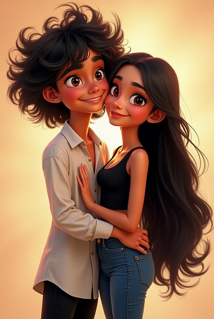 A brown woman with long black curly hair, black eyes, wearing a yellow dress. And a white skinned man , round nose,curly brown hair. He wears a black sweater. They make faces for a selfie together. Disney style