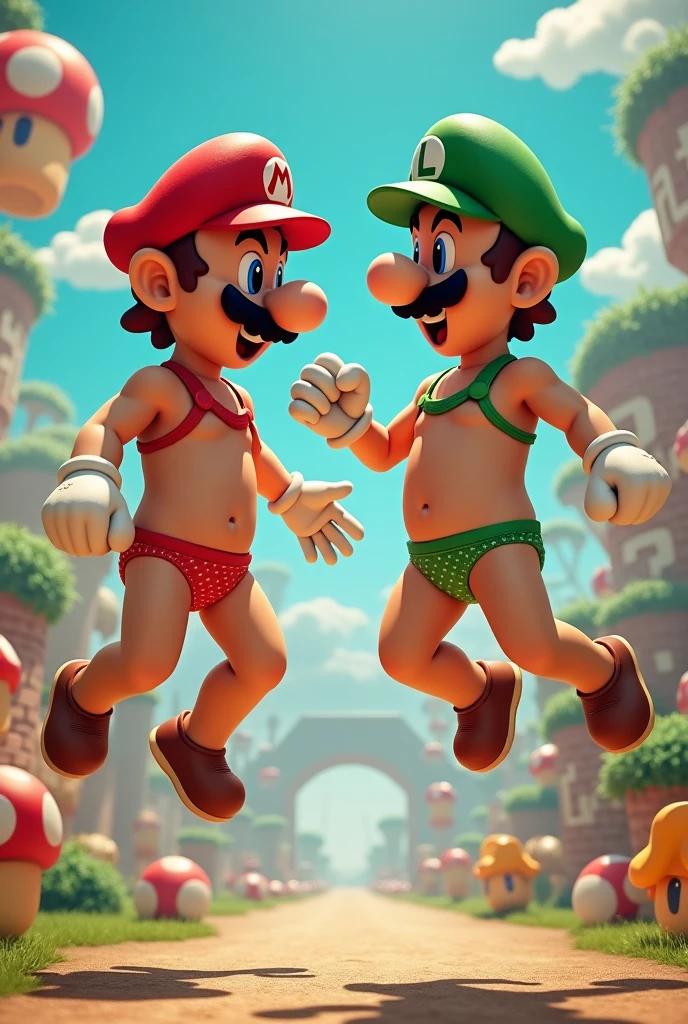 Game characters mat Damon as Mario and Ben Affleck as luigi using only jockstrap, full body, white gloves, supermario world game on background, moustache, furry chest, big bulge, using  cap