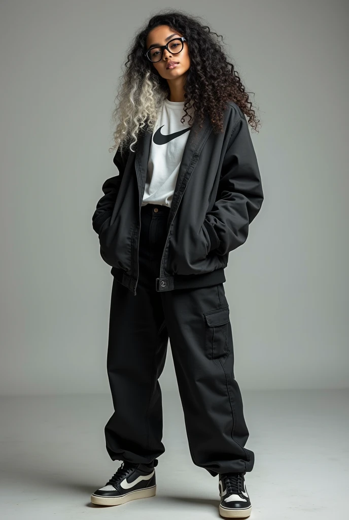  I want the full image of a woman in 1 ,65 meters tall and 85 kilos ,  who is not too thin .  Wearing wide black plastic glasses , round face,  long curly hair like ruffled corkscrew with long black roots and the rest in bleached white.  The style of streetwear with oversized sportswear  ,  long black jeans sneakers type Nike .  full body  