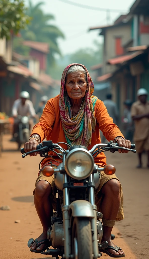  a indian poor old woman  waring a sari making a big motor bike out of garlic 