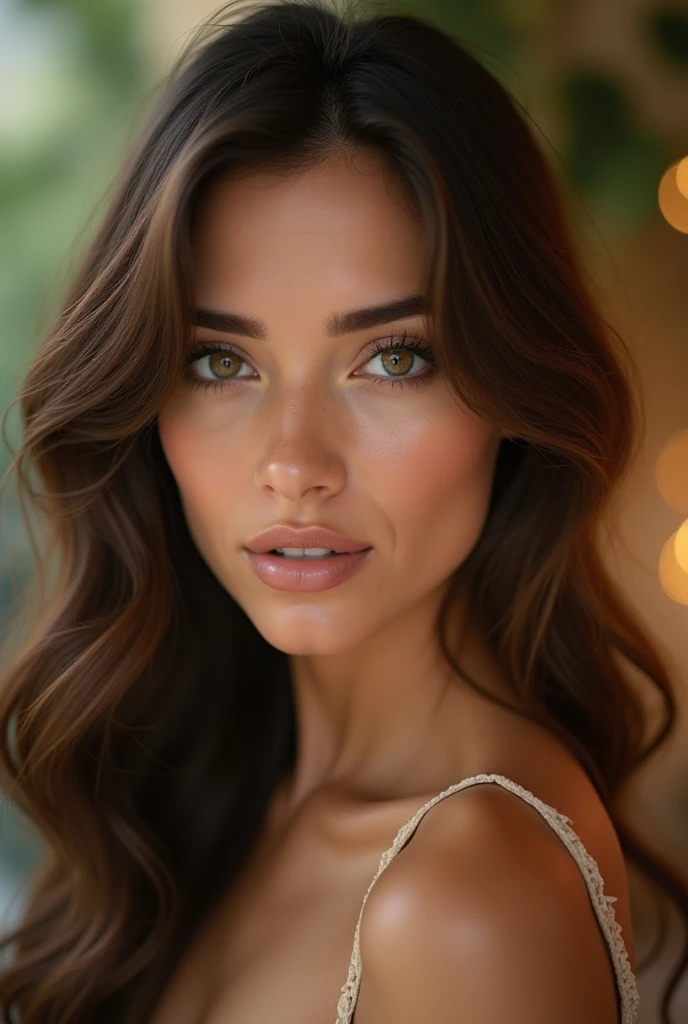A stunning 25-year-old French brunette, with porcelain skin and luscious brown hair cascading down her face, gazes intensely at the lens, her bright, piercing brown eyes radiating confidence and allure, in a high-angle selfie taken from above, showcasing her sharp jawline and radiant smile, set against a soft, creamy background, evoking a cinematic feel, with warm, golden light bathing her face, infusing the image with a sense of intimacy and vulnerability, in a vibrant, lifelike photograph that exudes effortless elegance and sophistication.Solo, 1 fille, Résolution Haute, Seins, 