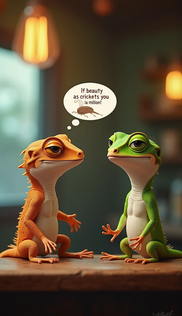 "Zeca, the brown gecko, is now closer to Lurdinha, his expression full of exaggerated confidence. His little gecko mouth is open, as if delivering a pickup line, while his eyes sparkle dramatically. A tiny thought bubble above him contains a cartoonish cricket, representing his flirty words: ‘If beauty were crickets, you’d have a million!’ Lurdinha, the green gecko, still hanging on the ceiling, rolls her eyes hard, her unimpressed face now even more exaggerated. The bar remains in the background, slightly blurred to focus on the geckos