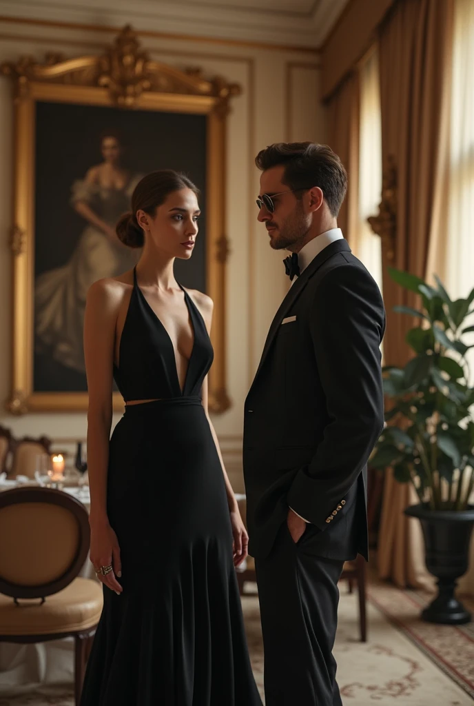 Casal Sigma Elegante, o homem de terno preto, camisa preta e gravata preta sentada em uma poltrona de couro e a mulher vestida com um vestido preto longo parada ao lado dele
