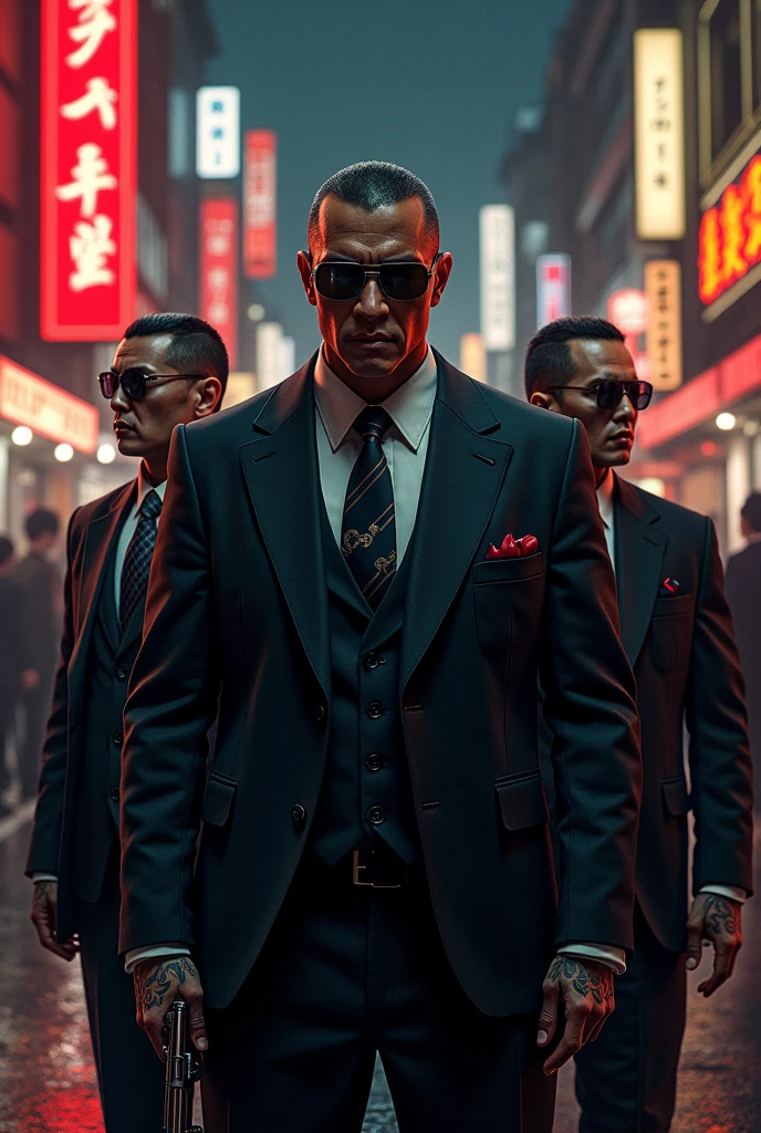 A gangster boss on the streets of Japan, A group of gang members stood behind,angry look,Mixed Korean,The background is blurred out,focal,电影灯光,(((tmasterpiece))), ((best qualtiy)), ((Complex and detailed)), ((ultra-realistic realism)), Ridiculous resolution, A MILF, Mature woman, ssee-through, highly detailed, illustratio, 1girll, (huge tit), Thin waist and thick hips,long leges,beatiful detailed eyes, short detailed hair, brunette color hair, a purple eye, (Gangster suit:1.2),Tattooed with,Large flower arms,Full of tattoos,Japanese yakuza,Kamami Yamaguchi,Japanese Yamaguchi-gumi,Japanese yakuza woman,The Underworld,full tattoo,Gangster boss,Lunette de soleil,Gangster godfather,Blood stained the streets,Gang boss,Scarred figure,Bloody violence,Sexy and feminine,(No underwear),pantiess, detailed back ground, perfect eyes, Seductive eye, looking at viewert,From the front,Wear light,