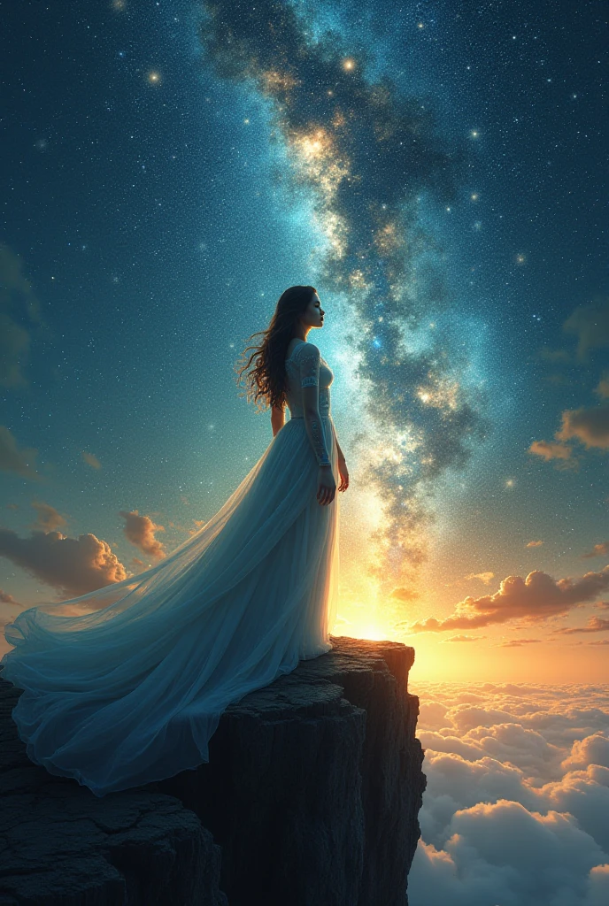 ((masterpiece, Highest quality, Best image quality, High resolution, reality, RAW Photos, 8k)), ((Highly detailed CG synthesis 8k wallpaper)), (big、Amazing Goddess Pictures, Very hot and sexy, she'She's wearing a stunning sheer white dress, Stunning beauty, Perfect Proportions, beautiful体, beautiful, Slim figure:1.4), Midnight, star々々look up, Ancient Gods々々々look up青白い空, The origin of humanity, Rear View,