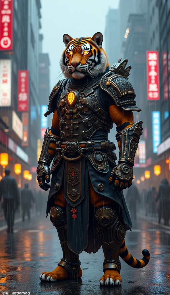 Tiger dressed as a cybernetic samurai soldier with fiery eyes in a futuristic Asian city on a rainy day 