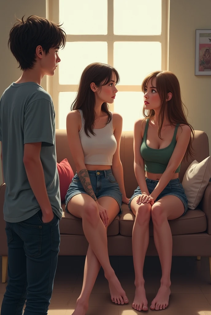denim, 1girl, multiple_boys, realistic, pants, shirt, shorts, jeans, red_shirt, midriff, long_hair, sandals, navel, 3boys, facial_hair, sitting, short_shorts, brown_hair, indoors, denim_shorts, beard, white_shirt, hetero, bald, sitting_on_person, looking_at_another, lips, black_shirt, smile, 4boys, couch, brown_eyes, short_sleeves