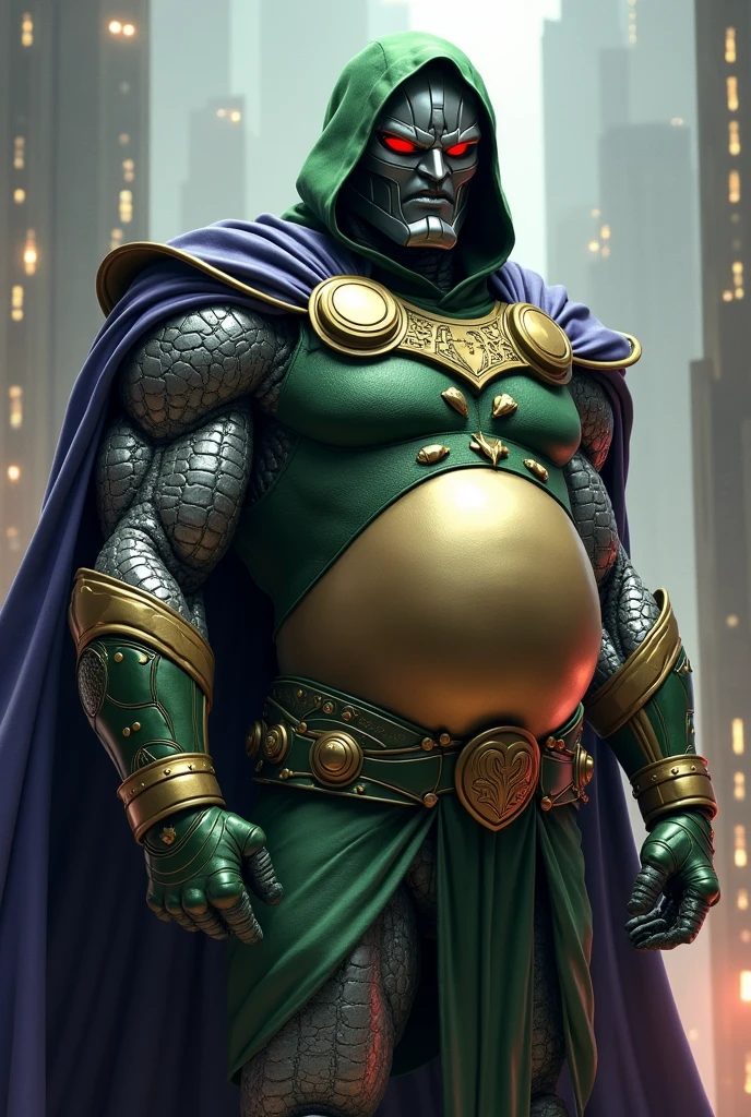 Crea doctor doom, calvo, chubby dark-skinned man and his suit is green