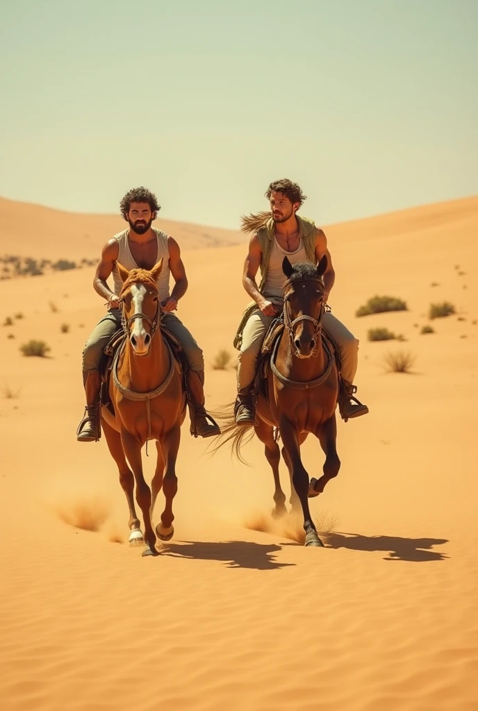 Two handsome beautiful slim shirtless man in the desert many horse running behind him