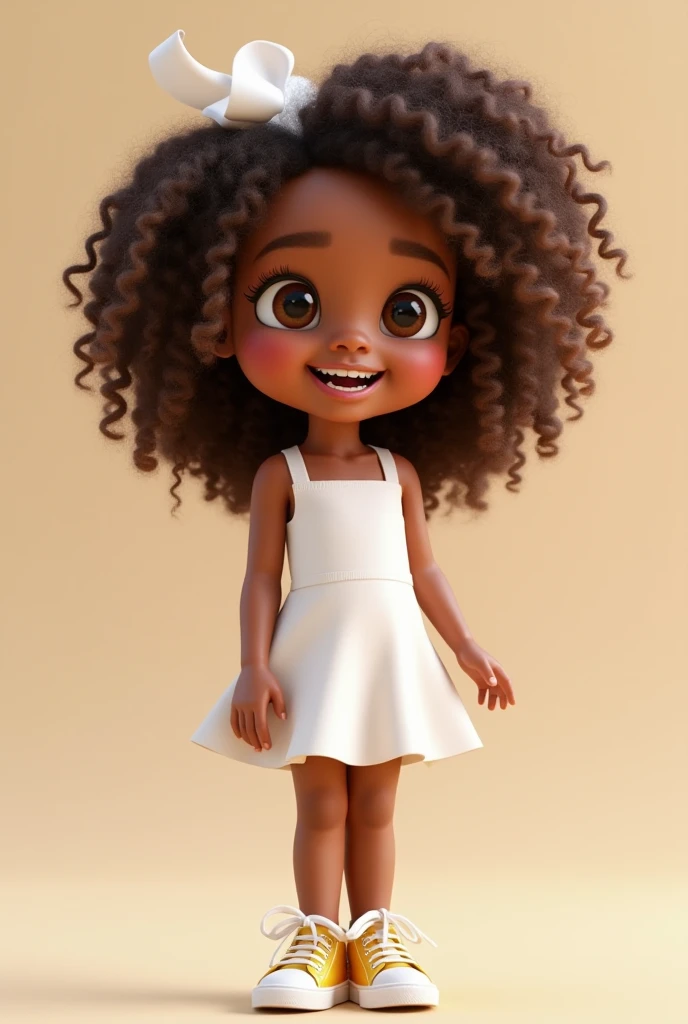 Create a 13-year-old Black woman in the Disney Pixar style with cute hair, brown eyes, a transparent black dress, and white sneakers, massive saggy breasts,