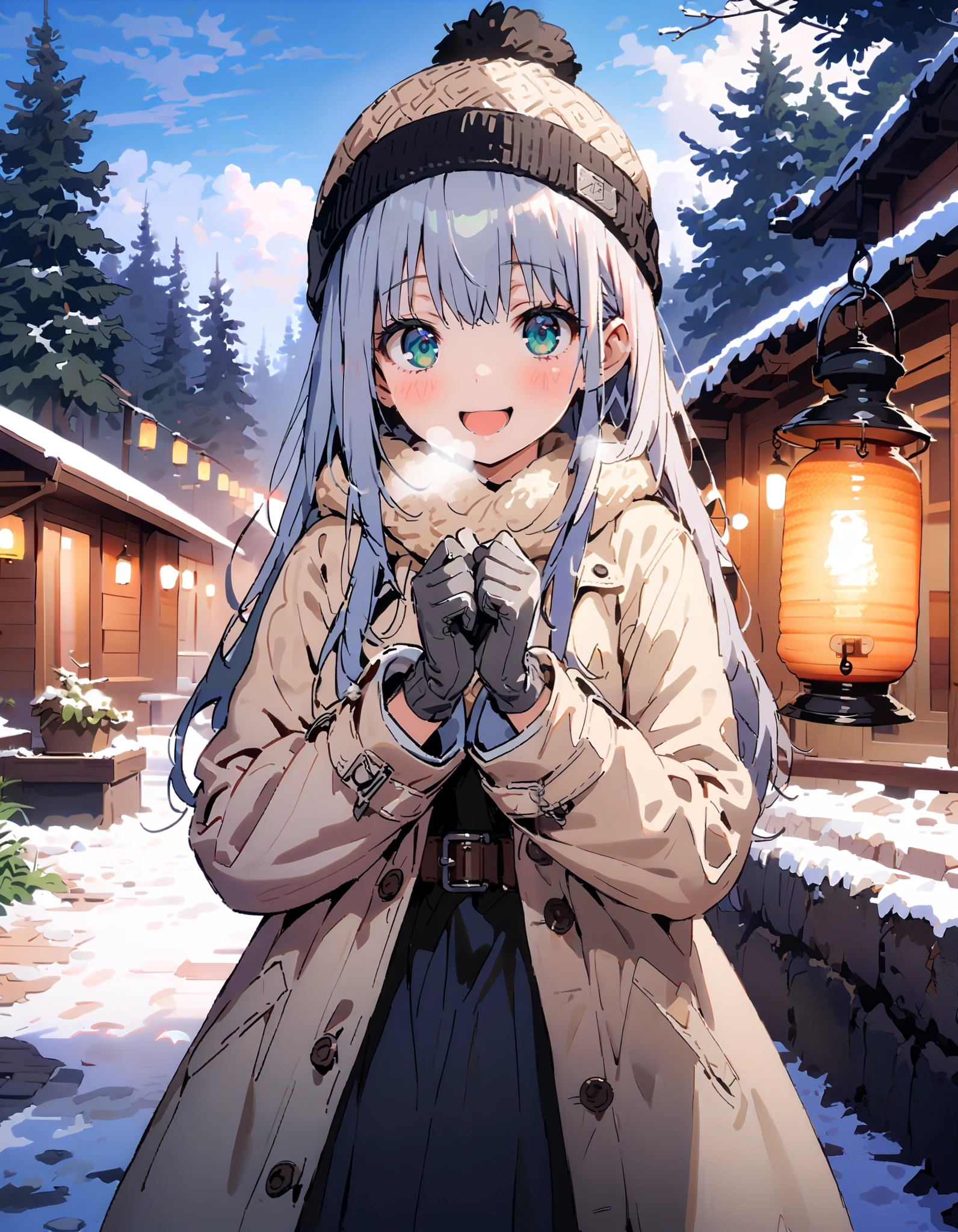 Prohibited bibliography, Green Eyes, Lantern, long hair,smile,blush, open your mouth, White Breath, White Down Coat ,White muffler, knitted hat ,grey gloves ,Black long skirt, boots,morning, standing,snow,whole bodyがイラストに入るように, break outdoors,forest,
break looking at viewer,whole body,
break ( Masterpiece:1.2), top quality , kampala,unity 8k wallpaper,(shape:0.8),( fine, beautiful eyes :1.6),It's a person ,whole body写真,CG Details , ( perfect hands, Complete Anatomy),