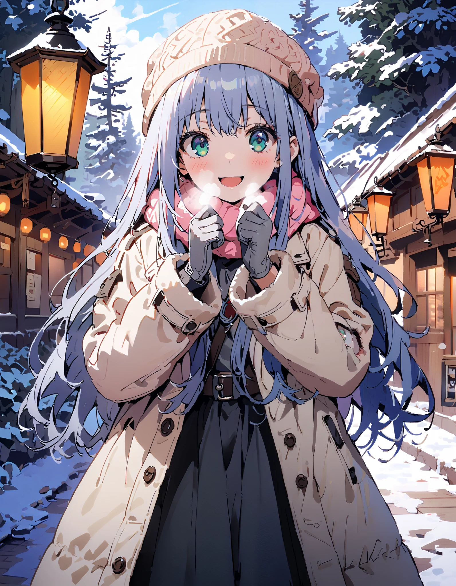 Prohibited bibliography, Green Eyes, Lantern, long hair,smile,blush, open your mouth, White Breath, White Down Coat ,White muffler, knitted hat ,grey gloves ,Black long skirt, boots,morning, standing,snow,whole bodyがイラストに入るように, break outdoors,forest,
break looking at viewer,whole body,
break ( Masterpiece:1.2), top quality , kampala,unity 8k wallpaper,(shape:0.8),( fine, beautiful eyes :1.6),It's a person ,whole body写真,CG Details , ( perfect hands, Complete Anatomy),